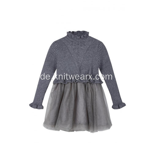 Silbernes Crpe-Winterkleid mit gestricktem Rüschenausschnitt für Mädchen